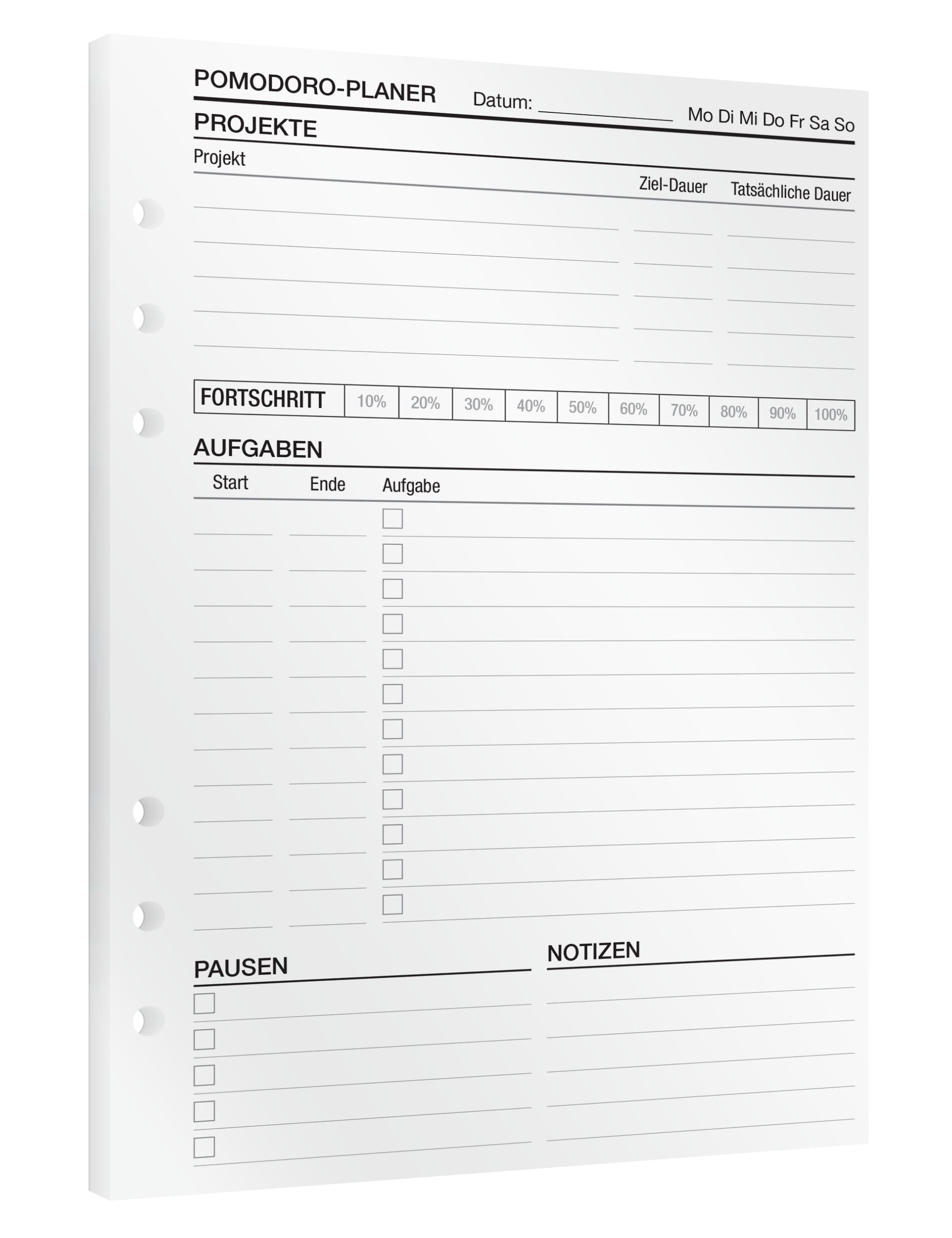 Pomodoro Planer - Einlagen (Deutsch)