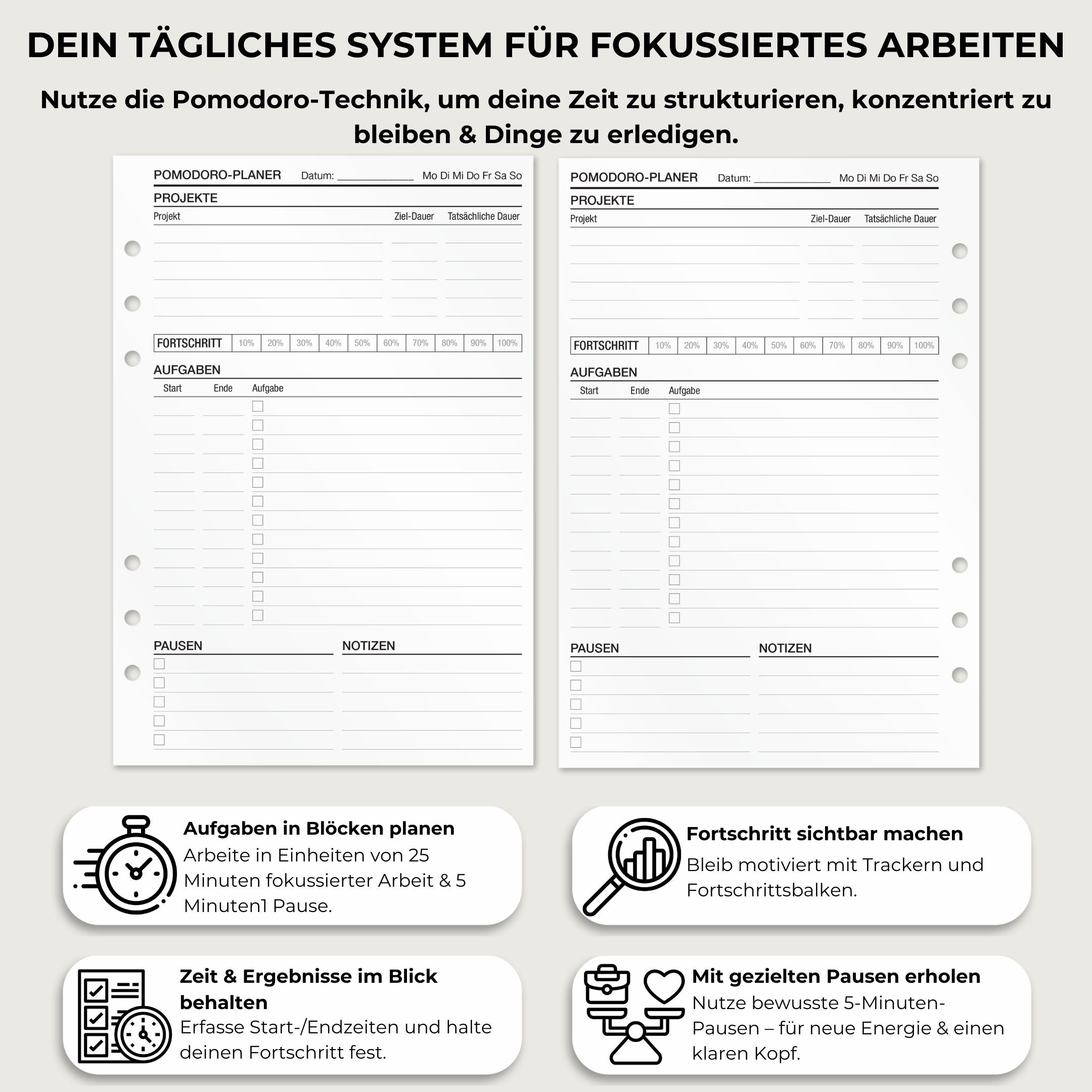 Pomodoro Planer - Einlagen (Deutsch)