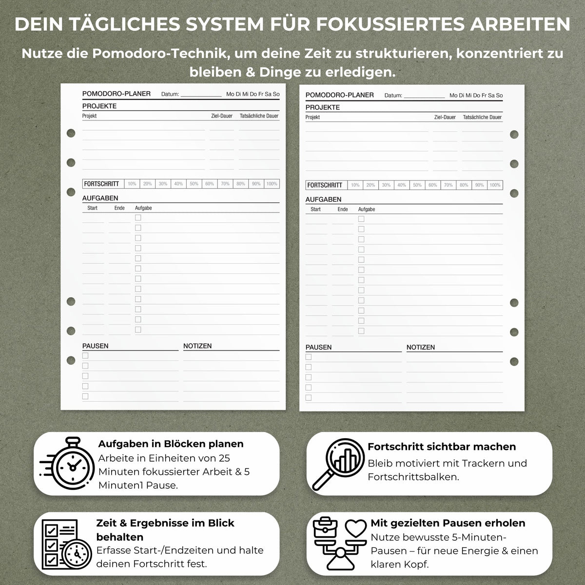 Pomodoro Planer - Einlagen (Deutsch)