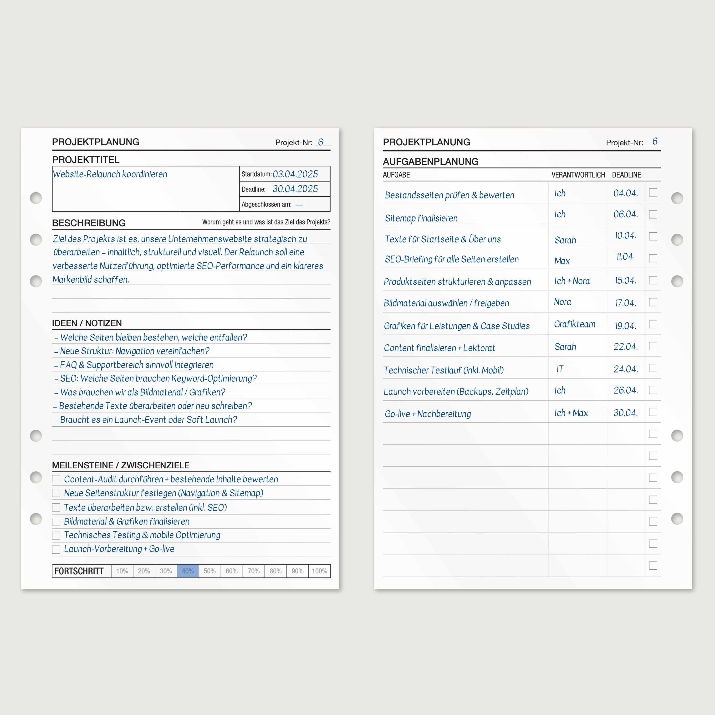 Projektplanung - Einlagen (Deutsch)