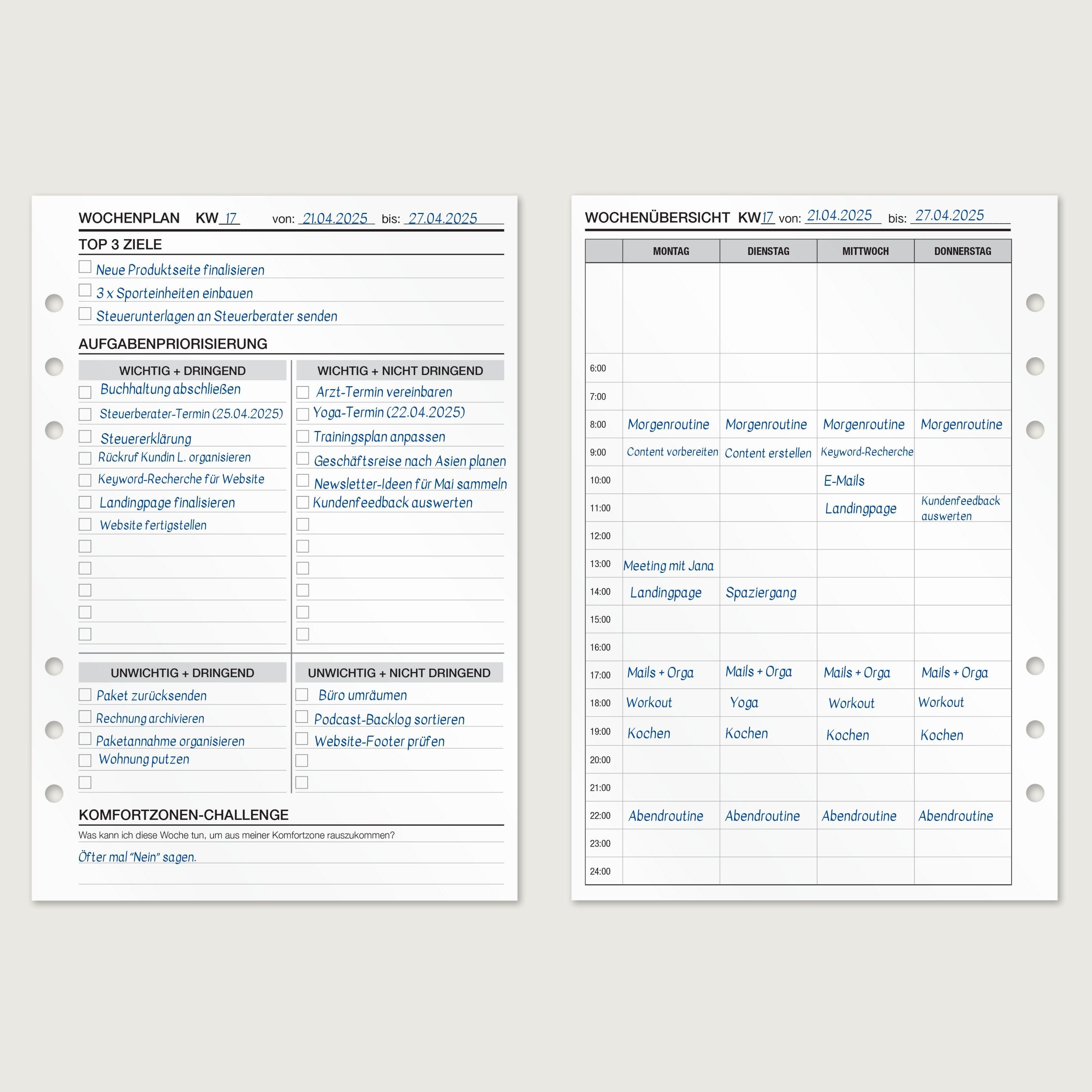 Wochenplanung - Einlagen (Deutsch)